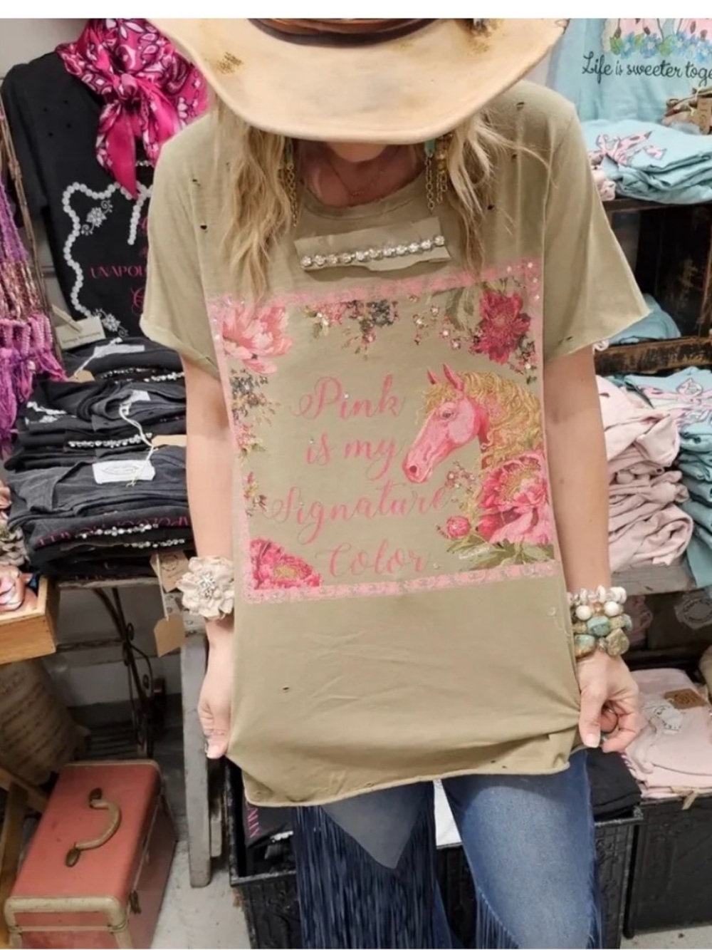 Olive Short-Sleeve Graphic Tee with Pink Unicorn